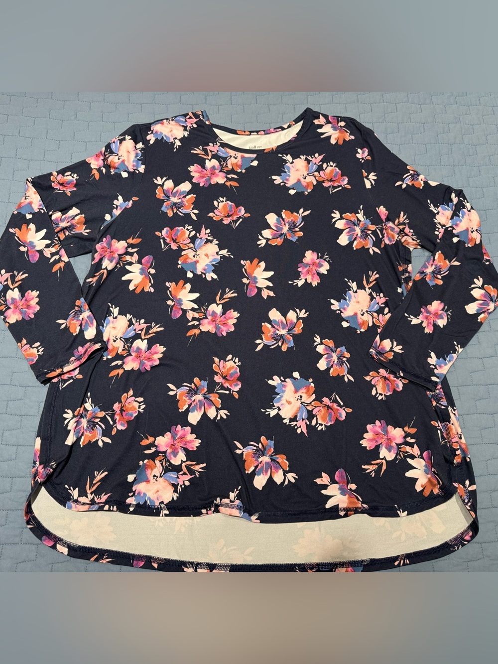 J. Jill Navy Floral Long-Sleeve Swing Tee with Pink & Orange Blooms